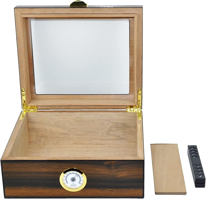 Cigar Humidor - Holds 25-50 Cigars - Spanish Cedar Wood - Tempered Glass Top Display - Metal Handle, Divider, Humidifier, Hygrometer - Santos Rosewood
