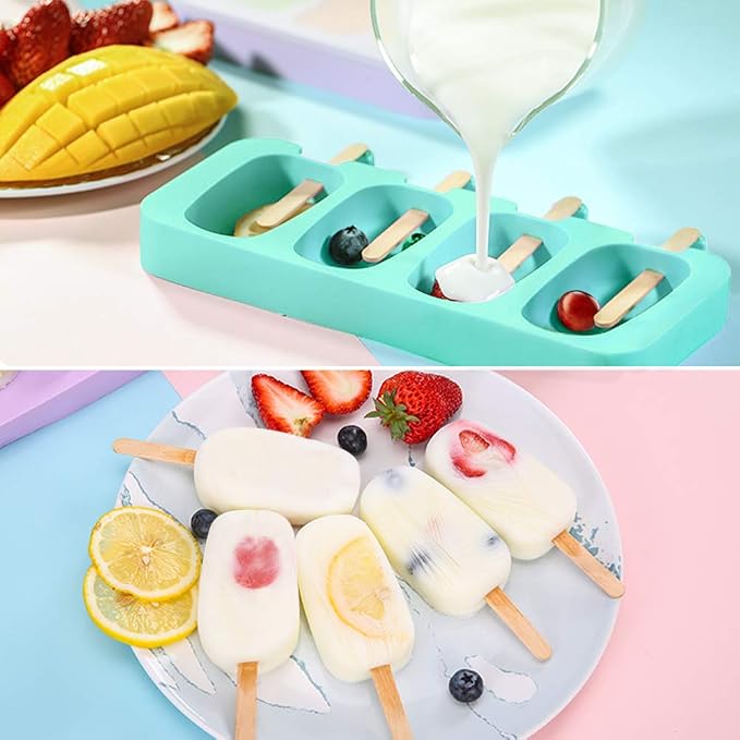 Ouddy Life Popsicle Molds Set of 2, Ice Pop Molds Silicone 4 Cavities Ice Cream Oval Cake Pop Mold with 50 Wooden Sticks for DIY Popsicle, Purple Green