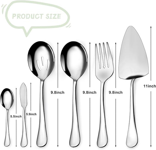 Serving Utensil Set,6piece Serving Utensil Setwith Serving Spoons,Serving Forks,Serving Tongs Soup Ladle and Pie Server Buffet Catering Serving Utensils,Dishwasher Safe (5.5-11Inch-Serving Set-6pcs)