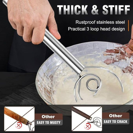 Walfos Danish Dough Whisks, Rustproof Stainless Steel Bread Whisk, Quick Mixing Bread Mixer, Dutch Dough Whisk for Cooking, Blending, Whisking, Stirring, Sourdough, Pizza, Pastry, Cake Batter(2pcs)