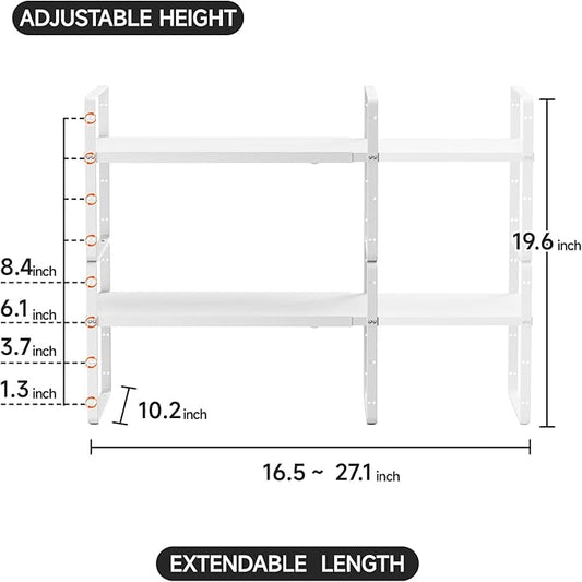 2Pack 16.5-27’’L Expandable Kitchen Shelf Organizer, Stackable Shelves Organizer, Adjustable Height Pantry Spice Rack for Cabinet, Countertop, Pantry and Cupboard, White