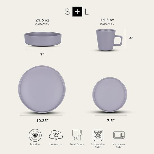 Stone Lain Cleo Modern Stoneware 16-Piece Dinnerware Set, Plates and Bowls Set, Dish Set Service For 4, Light Gray