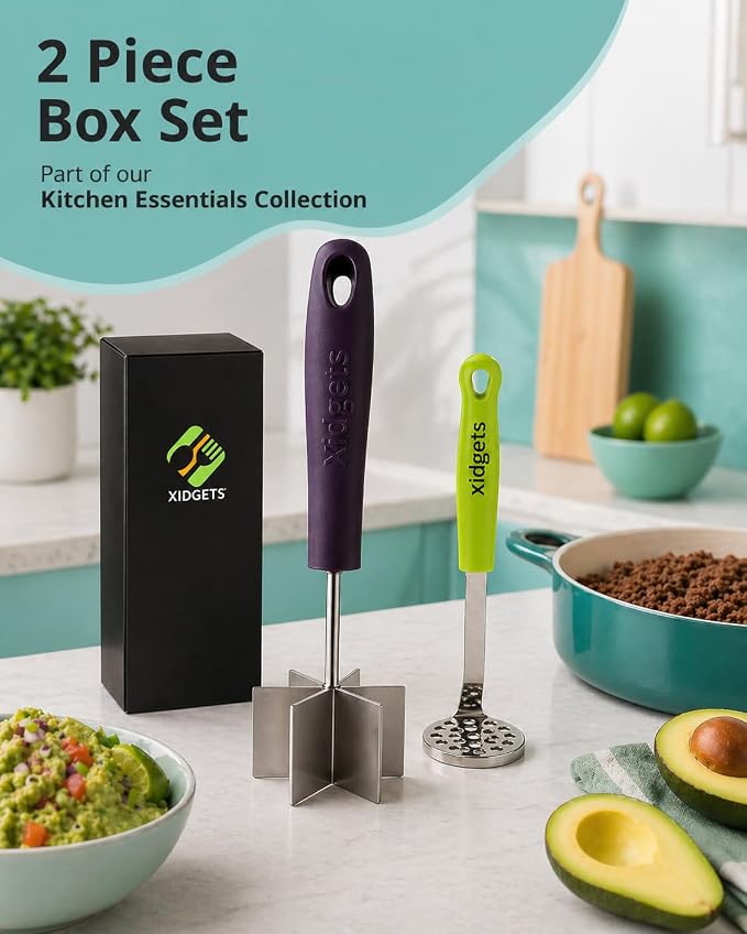 2pc Gift Set | Large Stainless Steel Meat Chopper & Mini Masher | Dishwasher Safe