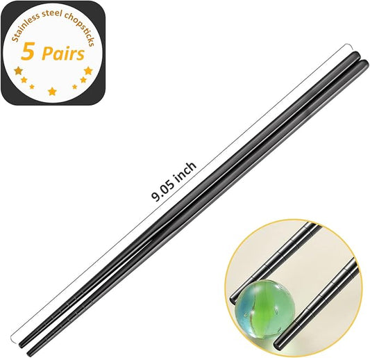 Black Stainless Steel Chopsticks - Multifunction Reusable Chopsticks - 5 Pairs Dishwasher Safe Metal - Easy to Use - Pressure Line Lightweight Chop Sticks