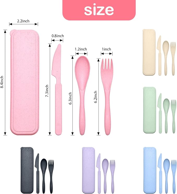 YDYTOP Reusable Travel Utensils Set with Case, 6 Sets Wheat Straw Portable Knife Fork Spoons Cutlery, Eco-Friendly BPA Free Plastic Tableware for Kids Adults School Lunch Party Picnic and Camping