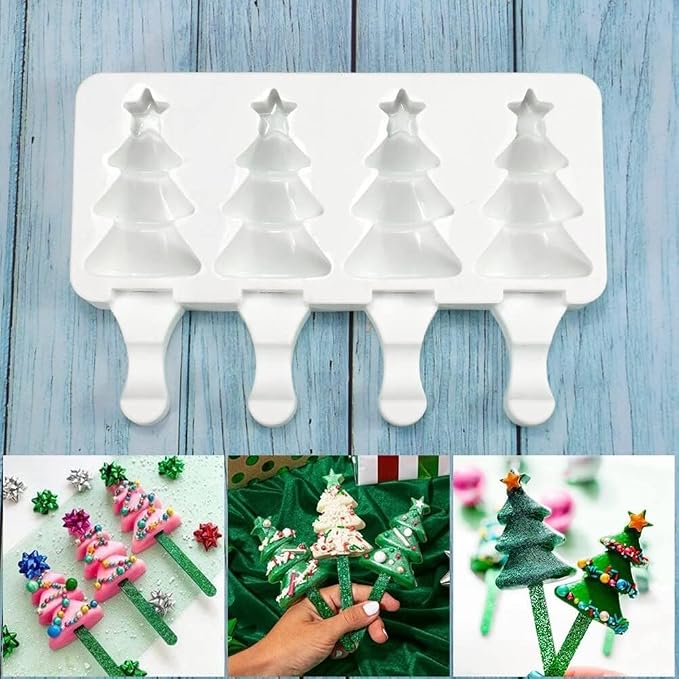1 Pack Christmas Cute Xmas Tree Shape Popsicle Mold Silicone Ice Pop Molds 4 Cavities Popsicle Mold for Kids Adults Ice Cream Mold Cakesicles Mould DIY Popsicle Maker Homemade Popsicle Silicone Mold C