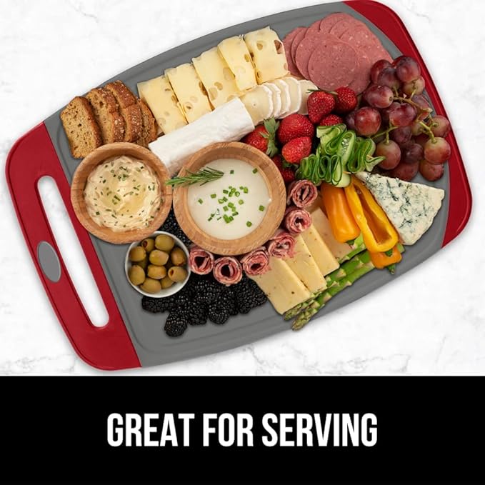 GORILLA GRIP BPA-Free Reversible Kitchen Cutting Board Set of 3, US Designed, Nonporous, Juice Grooves Catch Liquid, Slip Resistant Border, Dishwasher Safe, Durable Large Food Chopping Boards Red Gray