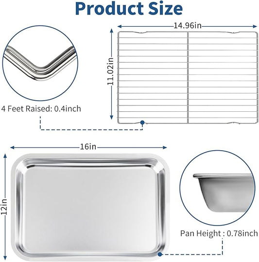 Baking Sheet with Rack Set of 4 (2 Pans + 2 Racks), 16 x 12 x 1 Inch Stainless Steel Cookie Pan with Cooling Rack, Non Toxic & Dishwasher Safe & Easy Clean for Baking, Cooling, Meats, Veggies