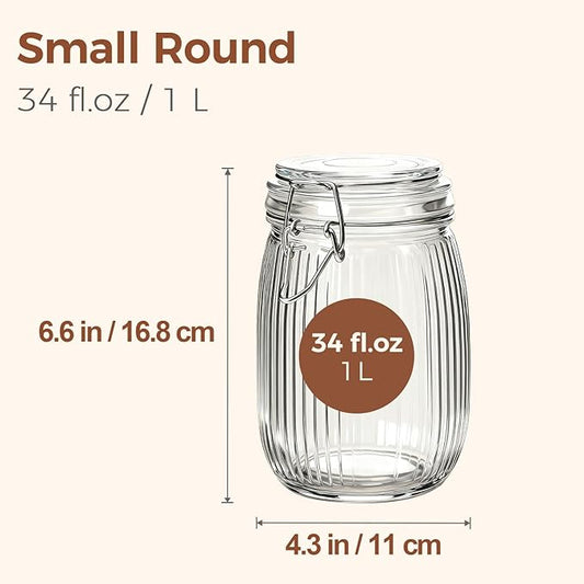ComSaf Airtight Glass jar with lid 37oz Set of 3, Glass Storage Containers with Lids, Glass Canisters, Striped Clip Fastening Jar for Kitchen Canning, Tea, Pasta, Sugar, Beans, Cookie, Jam, Oat