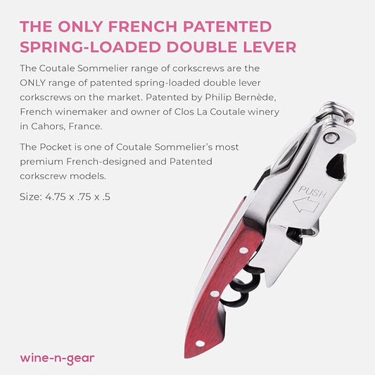 Pocket Prestige Waiters Corkscrew By Coutale Sommelier - Rosewood - French Patented Spring-Loaded Double Lever Wine Bottle Opener for Bartenders and Gifts - Sharp Micro-Serrated Knife