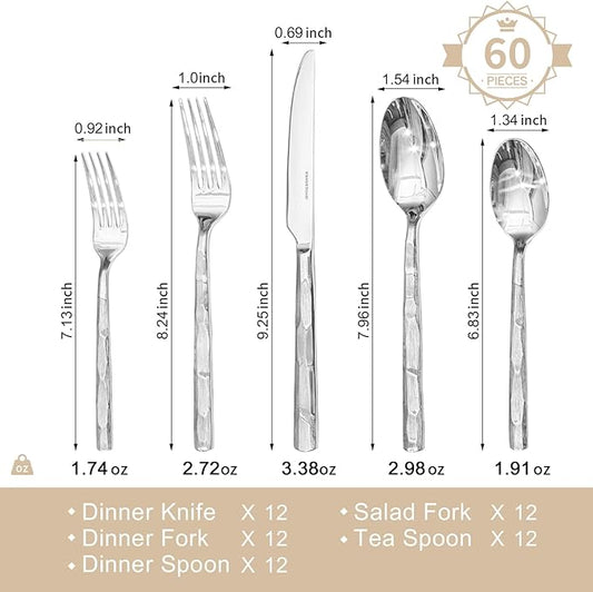 KINGSTONE Silverware Set, 60-Piece 18/10 Stainless Steel Brushed Handle Flatware Cutlery Set, for Kitchen, Home, Party, Wedding Gift, Rust Resistant and Dishwasher Safe