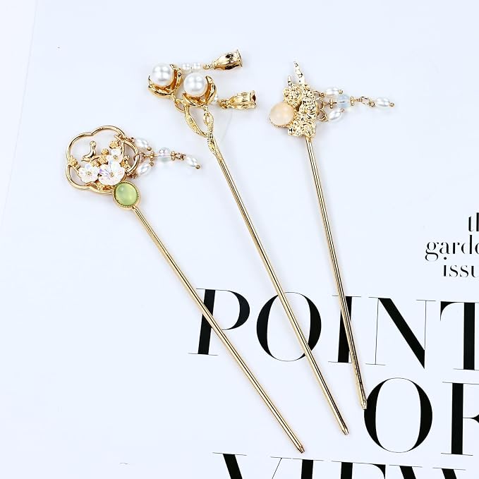 Cinaci 10 Pieces Decorative Vintage Retro Pearl Gold Metal Hair Sticks Pins with Pendants Chinese Hanfu Asian Flower Butterfly Hair Chopsticks Hair Bun Updo Holders Long Hairpins for Women Girls
