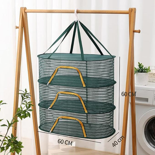 Foldable Drying Net for Vegetables, Fish, and Dehydrated Goods, Multi-tiered Food Drying Net, Versatile Drying Rack, Windproof Design, Zipper Closure for Insect Protection (Dark green, Triple Layer)