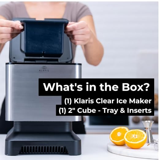 Klaris Clear Ice Maker, 4 Large 2-Inch Ice Cubes for Whiskey & Cocktails | Klaris Clear Ice Maker, Stainless Steel Shell, Reusable Ice Tray, Slow-Melting Ice, Ready in 8–12 Hours