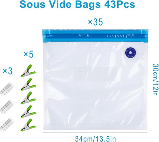 Reusable Sous Vide Bags 43Pcs BPA-Free, 4.3L Vacuum Sealer Bags for Cooking & Microwave, 35 Zipper Bags, 3 Seal Clips & 5 Cooking Clips, Heat-Resistant & Leakproof (12x13.5in)