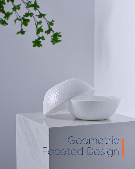 27 OZ Max Cereal Soup Bowl Set of 6, Opal Glass 7.2 inch White Geometric Faceted Bowls for Ramen, Noodle, Salad, Fruit, Dishwasher and Microwave Safe