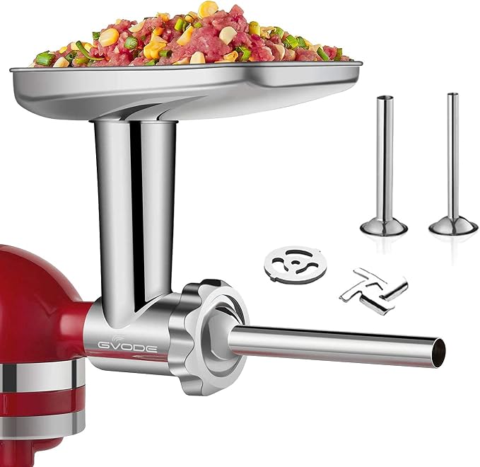 GVODE Stainless Steel Meat Grinder Attachment for KitchenAid Stand Mixer, Meat Grinder for KitchenAid Includes 4 Grinding Plates & 3 Sausage Tubes, Dishwasher-Safe Design with Sausage Stuffer Kit | Meat Grinder for KitchenAid Includes 4 Grinding Plates...