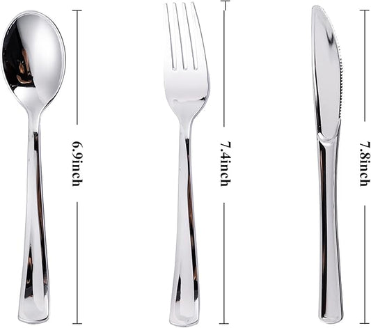 N9R 500PCS Silver Plastic Cutlery Set - 200 Forks, 150 Knives, 150 Spoons - Disposable, Premium, Sturdy - Silver, Plastic - Perfect for Gathering, Weddings, Parties