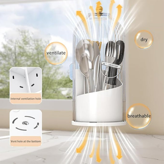 Cutlery holder with cover,Internally rotatable, Plastic Cutlery Storage Organizer for Kitchen Cabinet or Pantry - Basket Organizer for Forks, Knives and Spoons. With cover. White 