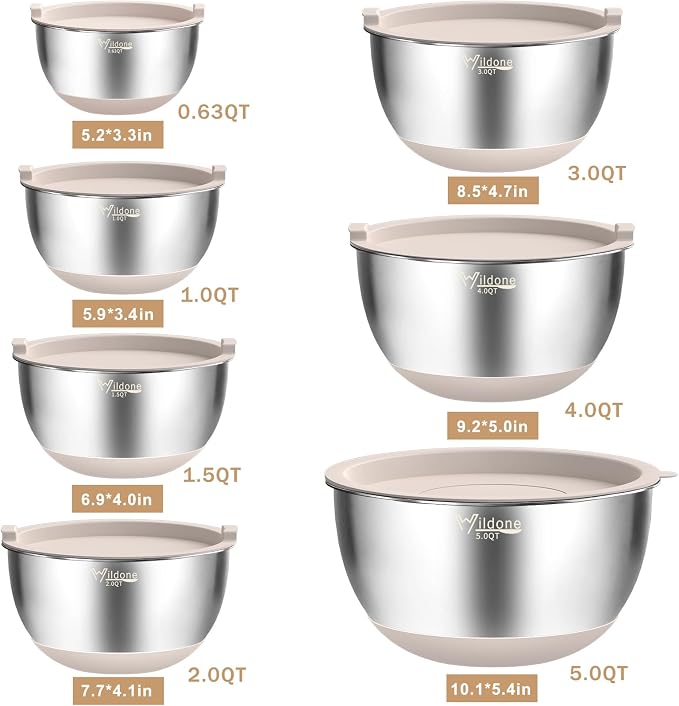 Wildone Mixing Bowls with Airtight Lids, 27 PCS Stainless Steel Nesting Bowls, with 3 Grater Attachments, Scale Mark & Non-Slip Bottom, Size 5, 4, 3, 2, 1.5, 1, 0.63QT, Ideal for Mixing & Prepping | Metal Bowls with 3 Grater Attachments, Non-Slip Botto...