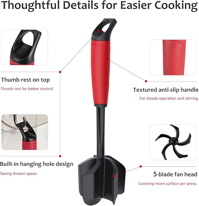 Ourokhome Meat Chopper and Potato Masher, Heat Resistant Nylon Ground Beef Smasher for Hamburger, 5 Curved Blades Nonstick Safe Mixer & Stirrer, Practical Kitchen Gadgets, Black Red