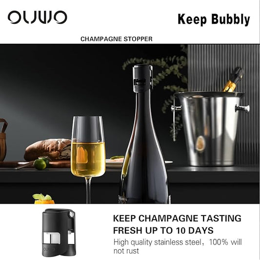 Champagne Sealer Stopper 6 Pack Stainless Steel Sparkling Wine Bottle Stoppers,Leak-Proof Bubble Retaining Saver,Suitable for Champagne Prosecco Cava and Sparkling (Black)