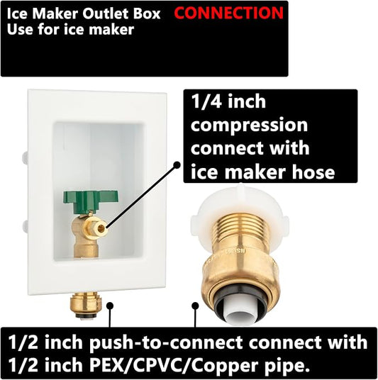 (1 Pack) Lidertik 1/2 inch Push-to-Connect Pre-Assembled Ice Maker Outlet Box Valve 1/4 inch Recessed Refrigerator Water Line Wall Box with Shut Off Valve LI-ZBQH-550
