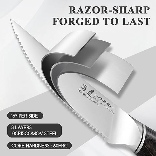 SHANGDAO Steak Knives Set of 6, Kitchen Steak Knife 4.5 Inch, 10Cr15CoMoV Core Steel High Carbon Stainless Steel Steak Knives, Serrated Steak Knife with Pakkawood Handle, Gift Box