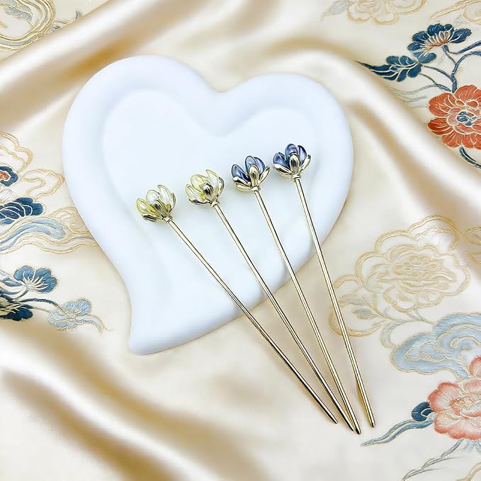 4PCS Lotus Hair Sticks for Buns, Vintage Retro Gold Metal Hair Sticks Pins Chinese Hanfu Asian Flower Hair Chopsticks Hairpins for Women Girls
