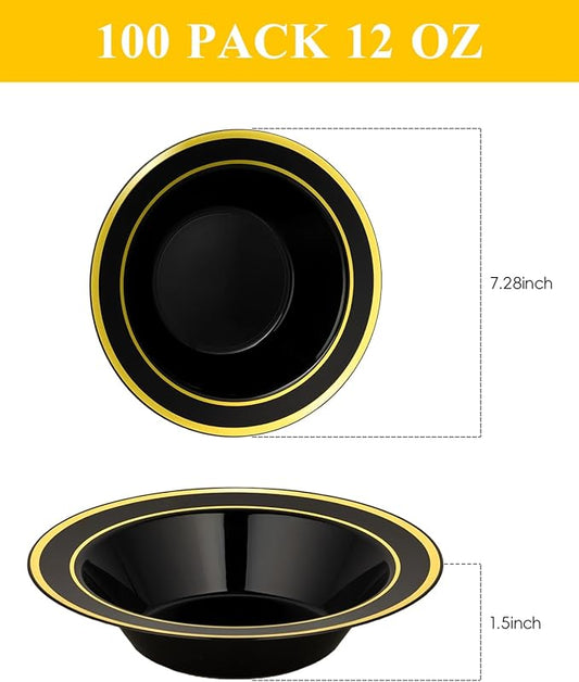 100 Pack Black Disposable Bowls with Gold Rim, 12oz Black Plastic Soup Bowls for Party, Wedding, Holiday,And Halloween