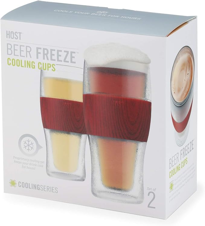 Host Freeze, Frozen Mugs, Freezable Pint Set, Beer Keep Your Drinks Cold, Double Walled Insulated Glasses, Tumbler for Iced Coffee, 16oz, Set of 2, Wood
