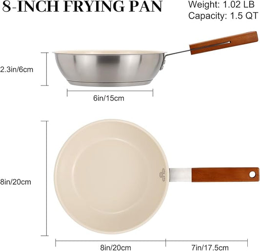 MARSKITOP Nonstick Frying Pan, 8 Inch Stainless Steel Fry Pan with Ceramic Coating and Wooden Handle, Healthy Non Toxic Skillet, Induction Compatible, PFOA Free
