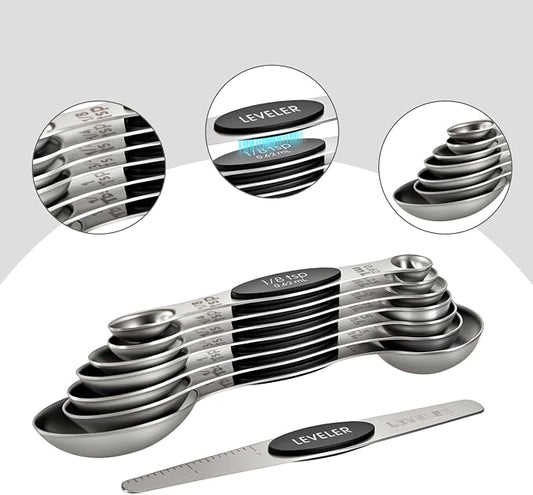 XSNBRD Magnetic Measuring Cups and Spoons Set, 13-Piece | Stainless steel with silicone handles. Magnetic nesting for compact storage. Ideal for baking and cooking.(Black)
