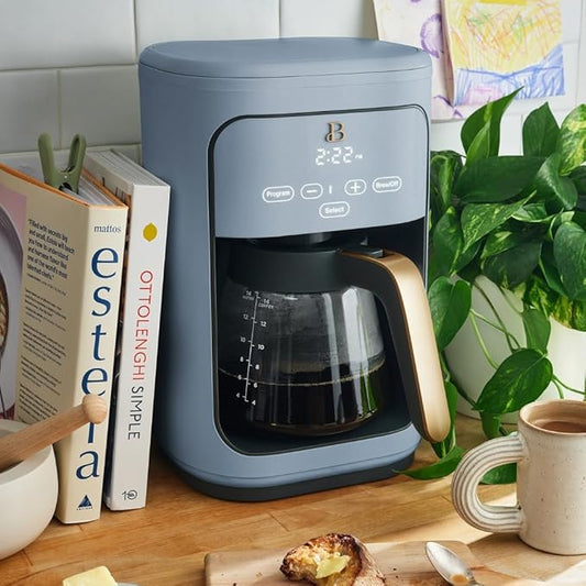 Beautiful by Drew Barrymore 14-Cup Programmable Drip Coffee Maker, Touch-Activated Display, Fast 14-Min Brew, Bold Strength, Keep Warm 4hrs, Gold Filter (Cornflower Blue)