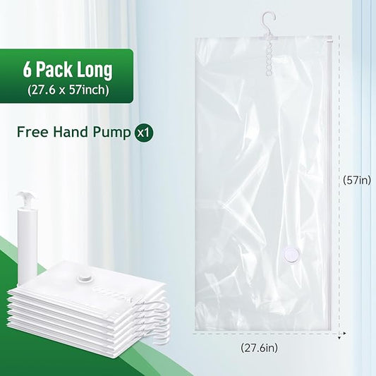 Hanging Vacuum Storage Bags For Clothes With Hand Pump,Coat Storage Bag Hanging,Vacuum Bags For Clothes,Space Saver Vacuum Storage Bags,Garment, Clothing, Dress, Suit, Long Coat, Jacket(Long 6 Pack)