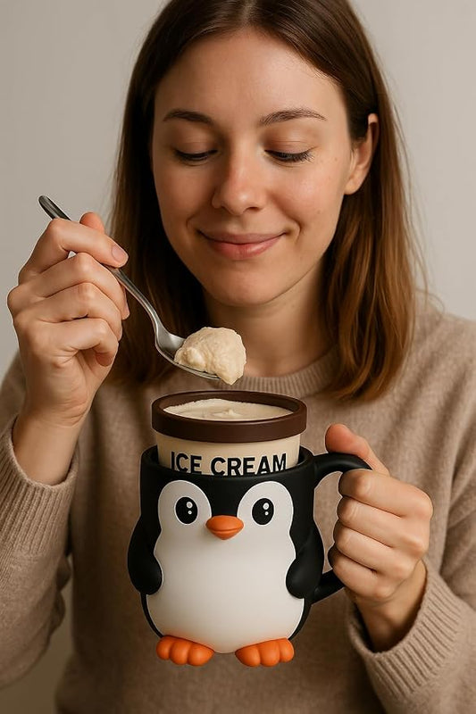 Ice Cream Pint Holder – Fits Standard Pints – Dual Spoon Sockets – Keeps Hands Warm – Fun Unique Designs with Vibrant Colors – Reusable Ice Cream Sleeve - Ramen Noodle Holder (Penguin)