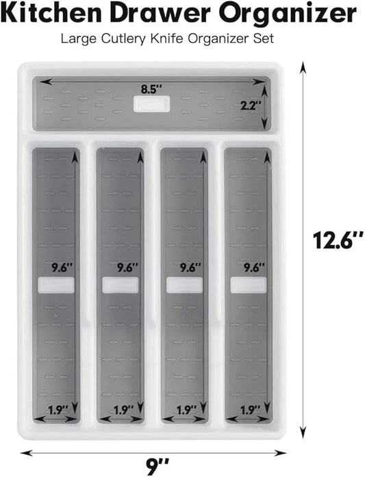 Cutesun Silverware Drawer Organizer Tray, Desktop Plastic Drawer Storage, Cutlery Storage for Kitchen Drawer, Flatware and Utensil Holder Divider for Spoons Forks Knives Tableware, 5 Compartment, Gray