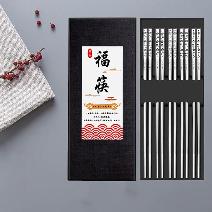 Stainless Steel Chopsticks - Laser-Engraved,Reusable metal chopsticks Non-Slip Tips, Dishwasher Safe Metal Utensils for Sushi, Cooking, Family & Gifts 9.25 Inches (Floral)