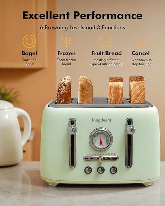 LONGDEEM Retro 4-Slice Toaster 1.6" Wide Slots - 6 Toast Settings with Bagel Function, Stainless Steel Body, Defrost/Cancel Button & Crumb Tray, Vintage Green