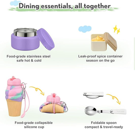 Lunch Box Kids with 5 Compartments, Insulated Food Jar & Utensil & Sauce Container & Lunch Bag & Silicone Collapsible Cup, Leak Proof Bento Box, BPA-Free & Dishwasher Safe-Purple