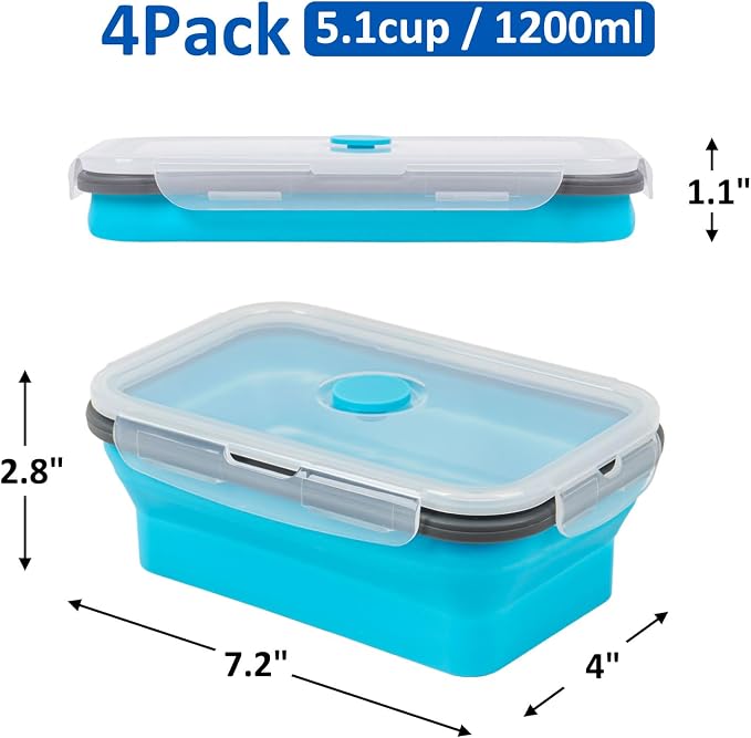 Collapsible Silicone Food Storage Containers Set with Lid & Air Vent,Foldable Lunch Containers(4PCS,Blue,40oz)