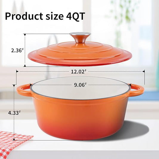 Enameled Cast Iron Dutch Oven Pot with Lid Heavy-Duty Cookware for Bread Baking, Braising, Stews, Roasting,4QT,orange