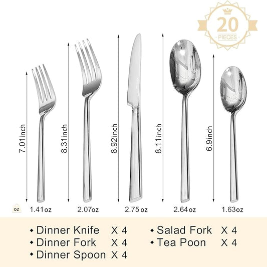 KINGSTONE Silverware Set, 20-Piece Forged Flatware Set Cutlery Set Premium Stainless Steel, Service for 4, for Kitchen, Home, Wedding, Party, Mirror Polished and Dishwasher Safe