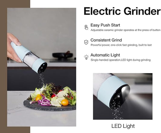 Electric Pepper Grinder and Salt Mill Set - Large Capacity USB Rechargeable Automatic Grinder with Dual LED Lights, One-Handed Operation & Slide Cover - Brushed Stainless Steel