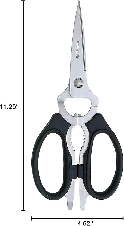Messermeister 8-Inch Take-Apart Kitchen Scissors, Black - Includes Screwdriver, Nut Cracker, Jar Lid Opener/Gripper, Bottle Opener & Bone + Twig Cutter - Suitable for Lefties & Righties