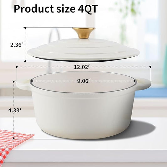 Enameled Cast Iron Dutch Oven Pot with Lid Heavy-Duty Cookware for Bread Baking, Braising, Stews, Roasting,4QT, creamy white
