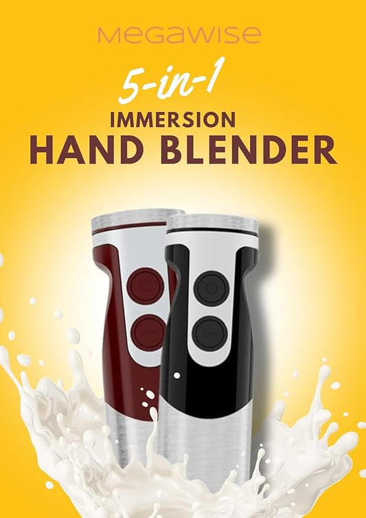MegaWise Pro Titanium Reinforced 5-in-1 Immersion Hand Blender, Powerful 400W with 80% Sharper Blades, 12-Speed Corded Blender, Including 500ml Chopper, 600ml Beaker, Whisk and Milk Frother (Black)