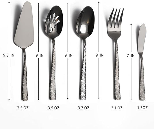 Large Hostess Serving Utensils Set, Stainless Steel Heavy Duty Hammered Serving spoons, Slotted Spoons, Serving Fork, Cake Server, Butter Knife, Dishwasher Safe(Black)