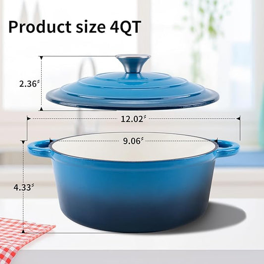 Enameled Cast Iron Dutch Oven Pot with Lid Heavy-Duty Cookware for Bread Baking, Braising, Stews, Roasting,4QT,blue