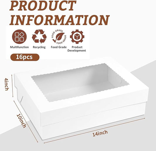 16pcs 14x10x4 inch Cake Boxes with Window,White Rectangle Sheet Large Bakery Boxes for Pastry Dessert Cake, Cupcakes Donuts Cookies Pie Treat Packaging